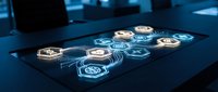 Futuristic holographic interface displaying interconnected hexagonal icons with glowing blue light effects on modern digital surface for technology presentations.