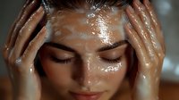 Young woman with wet face and hands during skincare routine, eyes closed in relaxation, water droplets glistening on skin in warm lighting, beauty wellness concept.