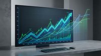 Financial growth chart with ascending green arrows on computer monitor displaying stock market data and trading analytics for business investment presentations.