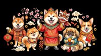 Cute Shiba Inu dogs in traditional red and gold Chinese New Year outfits with lanterns and festive decorations, isolated on transparent background for t-shirts, stickers, clipart and print-on-demand designs.