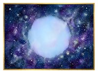 Luminous celestial sphere surrounded by vibrant purple and blue nebula with sparkling stars in deep space cosmic scene for astronomy and science fiction.