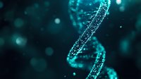 Glowing turquoise DNA helix structure with particles and bokeh effect on dark background, representing genetic research and biotechnology advancement.