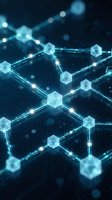 Abstract blockchain network with glowing hexagonal nodes and connecting lines on dark blue background for technology and cryptocurrency concepts.
