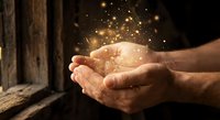 Cupped hands holding glowing magical light with sparkling particles floating upward against dark wooden background for spiritual and mystical concepts.
