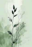 Minimalist botanical art in sage green watercolor featuring delicate leaves and stems against soft abstract background, suitable for modern home decor and stationery design.