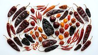 Assorted dried chili peppers and spices arranged flat lay on white background, showcasing various red, black and orange varieties for culinary and cooking design projects.