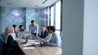Business team meeting in modern conference room with digital brain hologram display technology for AI artificial intelligence presentation and data analysis.