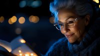 Senior Caucasian woman with stylish gray hair and glasses smiling while reading book in evening, illuminated by warm light against dark background with bokeh effect.