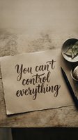 Motivational quote on kraft paper with calligraphy lettering about letting go of control, wooden desk background with pen and decorative bowl for mindfulness.