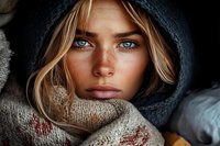 Young woman with striking blue eyes and freckles wrapped in cozy winter scarf and hooded jacket, close-up portrait capturing natural beauty and seasonal fashion.