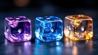 Glowing translucent dice in purple, blue and orange colors arranged in row on dark background, showing magical fantasy gaming elements with illuminated swirls inside.
