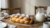 Fresh braided challah bread with powdered sugar on wooden board beside milk pitcher, perfect for breakfast or bakery display.