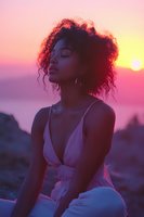 Young woman with natural curly hair in white dress meditating at sunset beach, eyes closed in peaceful moment against pink and purple sky background.