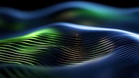Abstract digital wave pattern with flowing blue and green light streaks on dark background, creating dynamic motion effect for technology designs.