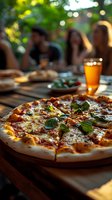 Fresh baked pizza with basil garnish on wooden table at outdoor restaurant with friends dining in blurred background during golden hour summer evening.