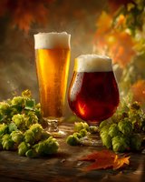 Two glasses of craft beer with foam heads surrounded by fresh hops and autumn leaves against a warm fall background.