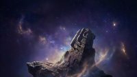 Astronaut in spacesuit sits on rocky surface gazing at cosmic nebula with purple and orange hues. Space exploration and wonder concept for sci-fi designs.