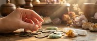 Hand placing ancient coins on wooden table in warm sunlight with pottery and artifacts creating archaeological treasure discovery scene.