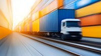 Motion blur freight transport with stacked shipping containers and truck in industrial port terminal, dynamic logistics concept in orange and blue tones.