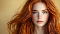 Young Caucasian woman with flowing red hair and freckles against warm background for beauty and portrait photography projects.