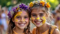 Young girls wearing floral wreaths and colorful face paint at summer festival smile joyfully, decorated with yellow and purple wildflowers and artistic face designs.