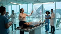Medical team conducting patient examination in modern hospital with holographic technology and city skyline view through large windows.