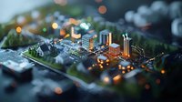 Miniature city model with glowing lights and buildings at dusk, featuring tilt-shift effect and bokeh highlights creating dreamy urban landscape atmosphere.