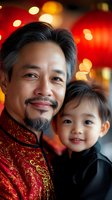 Asian father and young son celebrating Lunar New Year together, wearing traditional dress against festive red lantern and bokeh light background.