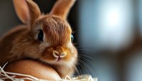 Adorable brown bunny rabbit with big eyes resting near fresh eggs in straw nest against soft blue background, Easter holiday concept and spring season celebration.
