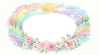 Watercolor floral wreath with rainbow ribbons, roses, leaves and small birds on white background. Isolated spring frame for wedding invitations and greeting cards.