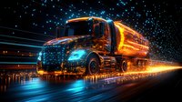 Glowing fuel truck on night highway with orange and blue light trails, motion effect and sparkles against starry sky background creates futuristic atmosphere.
