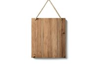 Empty wooden signboard hanging on rope against white background. Square rustic oak plank with natural grain texture and knots. Isolated design element for mockups.