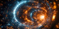 Glowing spiral vortex with orange and blue light trails against dark background, cosmic energy swirl with bright center and sparkling particles in space.