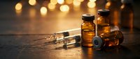 Medical vials and syringes on dark surface with warm bokeh lights creating pharmaceutical healthcare atmosphere for clinical research concepts.