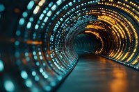 Futuristic glowing tunnel with circular light patterns in blue and gold colors creating depth perspective on dark background, modern technological concept.