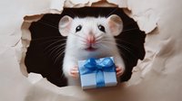 White mouse holding small blue gift box peeks through torn paper hole, creating whimsical holiday scene with dark background and playful expression.