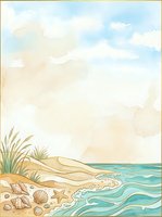 Serene coastal landscape with sandy beach, seashells, driftwood, and turquoise ocean waves under soft blue sky with fluffy clouds. Ideal for travel, vacation, and summer-themed designs.