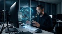Professional businessman working with holographic display technology in modern office environment analyzing data and digital interfaces at night.