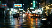 Blurred urban night scene with wet streets reflecting neon lights and traffic, creating atmospheric bokeh effect in busy city district after rain.