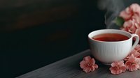 White porcelain cup with hot tea on dark stone surface decorated with delicate pink carnation flowers creating cozy atmosphere for relaxation and mindfulness.
