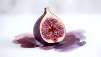 Fresh ripe fig cut in half showing red flesh and seeds on purple watercolor background for culinary and healthy eating concepts.