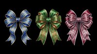 Decorative bows in blue, green, and burgundy with ornate patterns, isolated on transparent background. Ready for t-shirt designs, clipart, stickers, sublimation, and print-on-demand products.