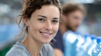 Young Caucasian woman with natural makeup and casual grey top smiling warmly at camera, with soft blurred background. Genuine expression conveys happiness and confidence.