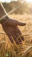 Farmer hand touching golden wheat ears in field during sunset harvest season with warm sunlight and agricultural landscape background.
