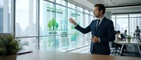 Professional businessman presenting net zero carbon targets on interactive display in modern corporate office environment for sustainability planning.