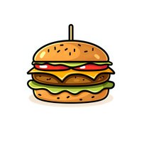 Cartoon style double cheeseburger with lettuce, tomato, and melted cheese on sesame seed bun isolated on white background for menu design and food packaging.
