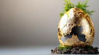Broken golden Easter egg with moss and soil on dark background, luxury concept with copy space for seasonal holiday design and decoration.