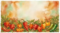 Watercolor illustration of fresh vegetables including red and orange peppers, tomatoes, and green beans arranged in a garden border design with warm sky background.