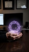 Mature male hand holding glowing neon circular arrow diagram with plan, do, check, act cycle text on dark wooden desk in office environment for business process improvement concepts.