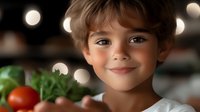 Young mixed race boy smiling in kitchen with fresh vegetables and bokeh lights in background, representing healthy eating habits and family lifestyle.